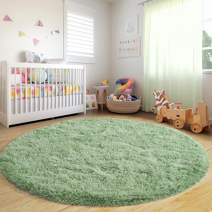 Round Fluffy for Bedroom Rugs, 4Ft Sage Green Shag Circle Rug Non-Slip for Kids Girls Boys Bedroom Dorm Nursery Playroom, Soft Cute Area Rugs for Living Room Decor