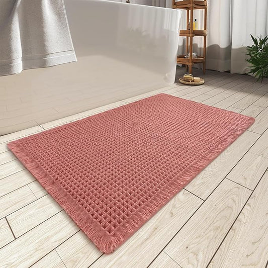 AMOAMI Upgraded Waffle Bath Mat, Super Absorbent Non Slip Bath Mats for Bathroom Floor, Machine Washable Bathroom Rugs with Tassels, Rubber Backed Bathroom Mats, Ultra Soft, 20" x 32", Coral
