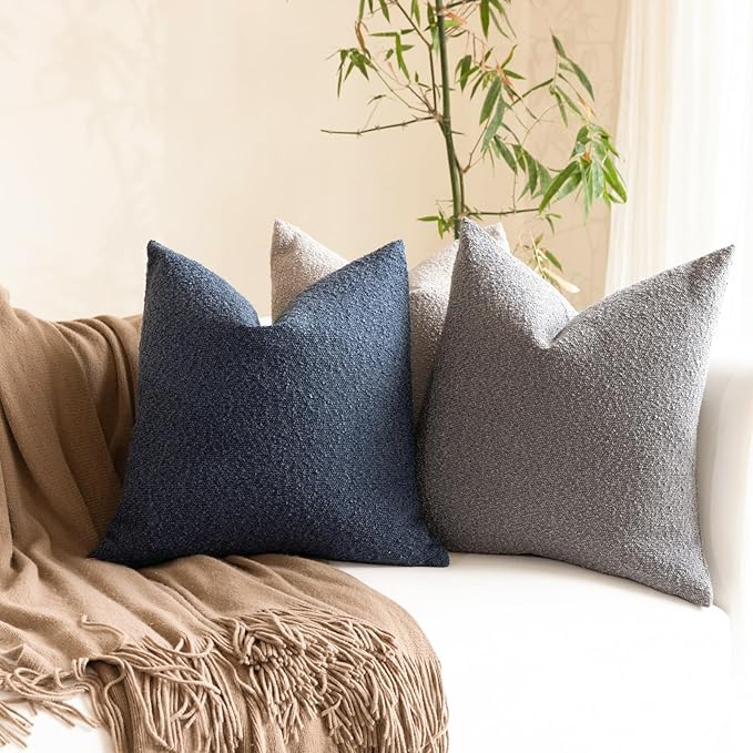 Boucle Decorative Throw Pillow Covers for Couch Set of 2, 18x18 inches, Navy Blue