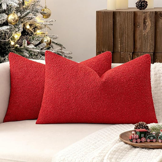 MIULEE 12x20 Inch Christmas Decorative Lumbar Throw Pillows for Bed Set of 2 Textured Boucle Neutral Winter Throw Pillow Covers Red Accent Solid Pillowcases Sofa Livingroom Home Decor