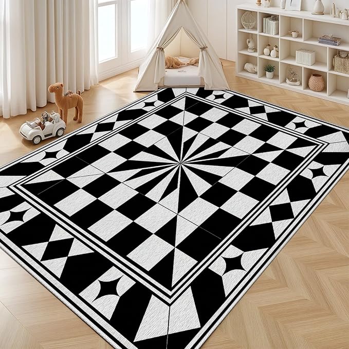 Black and White Checkered Rug, Checkered Rug, Modern Geometric Pattern Carpet, Retro Machine Washable Non Slip Area Rugs, Contemporary Rugs for Living Room/Bedroom 3x5