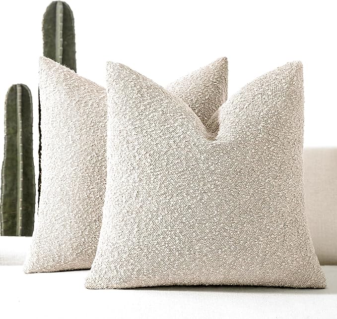 Boucle Decorative Throw Pillow Covers for Couch Set of 2, 22x22 inches, Beige
