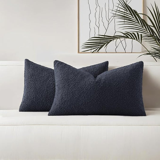 HAUSSY Set of 2 12x20 Decorative Throw Pillow Covers, Soft Cozy Textured Boucle Lumbar Pillow Cases, Home Decor for Couch Bed Living Room, Navy Blue