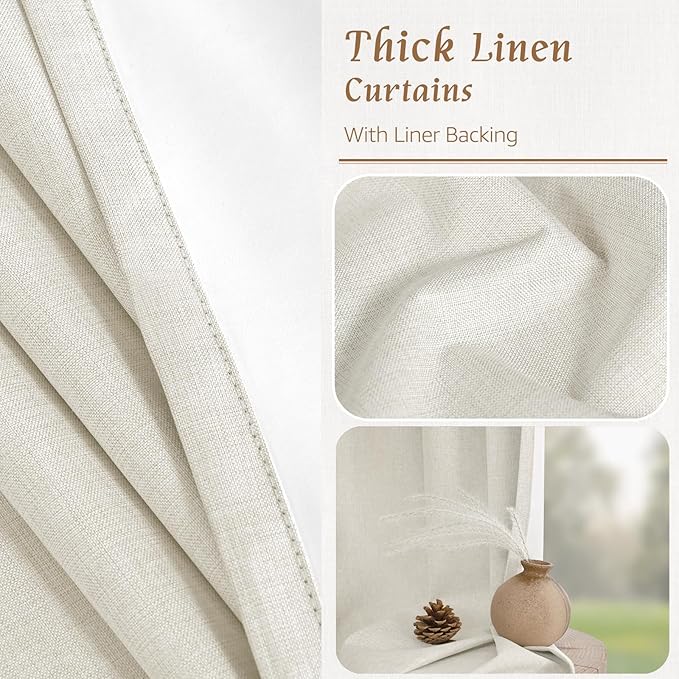 LAMIT 100% Blackout Short Linen Curtains for Cafe, 40 Inch Length Linen Textured Thermal Curtains Back Tab and Rod Pocket Neutral Panels with White Liner for Bedroom, 2 Panels, 34 x 40 Inch, Ivory