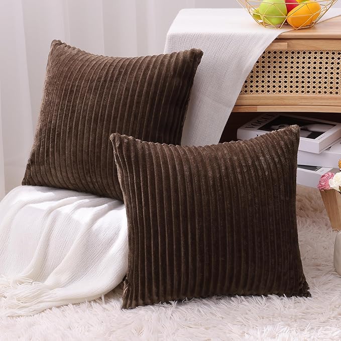 Simmore Decorative Spring Throw Pillow Covers 12x20 Set of 2, Soft Natural Plush Flannel Double-Sided Fluffy Lumbar Pillow Covers for Couch Sofa Living Room, Brown