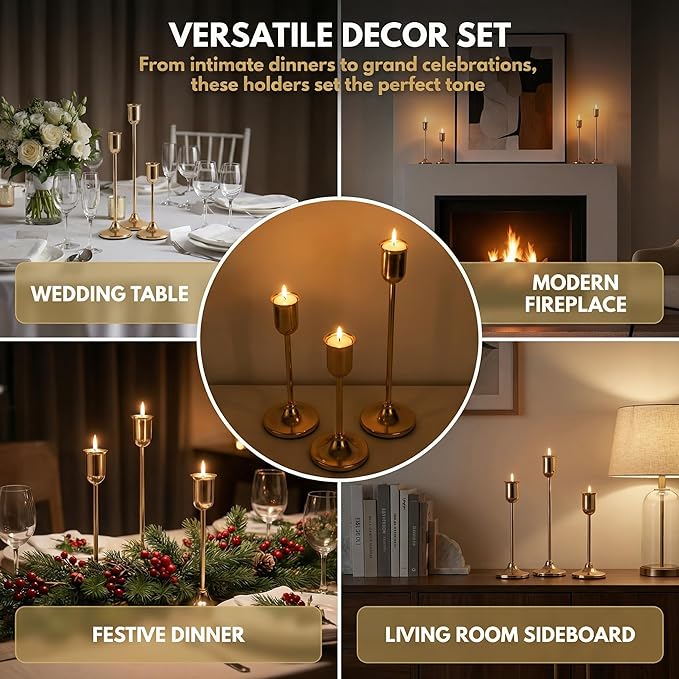 18 Pcs Gold Candlestick Holders Set - Vintage Brass Taper Candle Holder for Pillar Candles - Modern Decorative Centerpiece for Wedding Fireplace Mantel Decor - Cozy Atmosphere Housewarming Gift