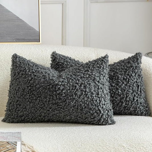 Yaertun Pack of 2 Faux Fur Throw Pillow Covers Decorative Sherpa Boucle Pillow Covers Fuzzy Soft Pillowcases Sheepskin Fleece Cushion Case for Couch Sofa Bed Living Room 12x20 Inch Grey
