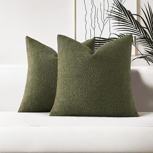 HAUSSY Set of 2 26x26 Decorative Throw Pillow Covers, Soft Cozy Euro Pillow Shams Textured Boucle, Home Decor for Couch Bed Living Room, Moss Green