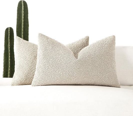 Boucle Decorative Lumbar Pillow Covers for Couch Set of 2, 12x20 inches, Beige