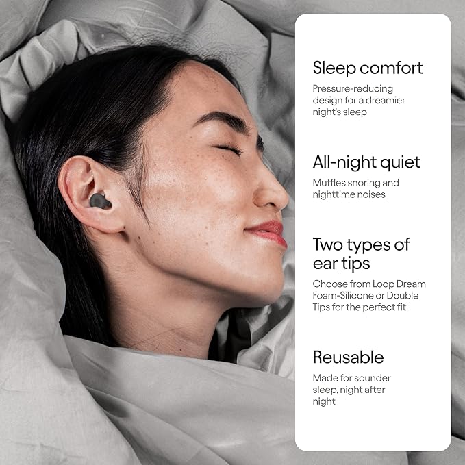 Loop Dream – Silicone/Memory Foam Earplugs for Sleep Comfort | Comfortable Ear Plugs for Muffling Snoring & Sleeping | Customized Fit | 27dB (SNR) Noise Reduction