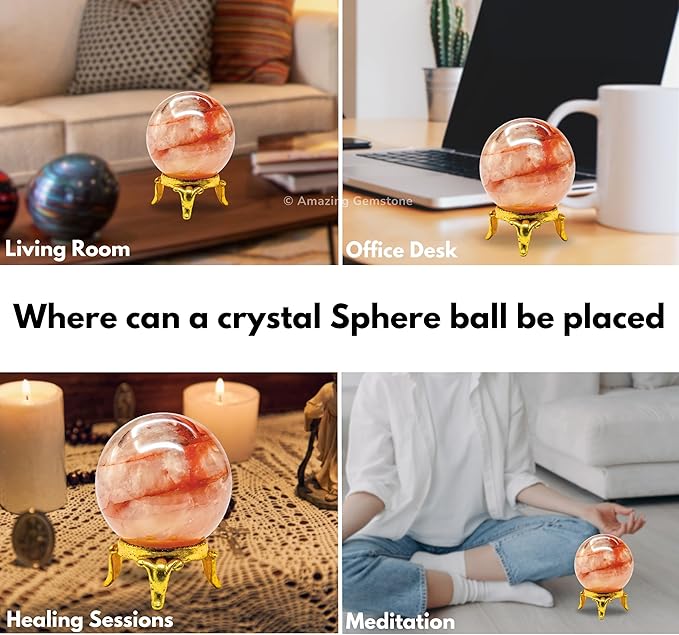 Amazing Gemstone Red Hematoid Quartz Crystal Ball with Stand - 1.5 Inches Crystal Sphere Meditation Balls for Witchcraft and Decorative Balls