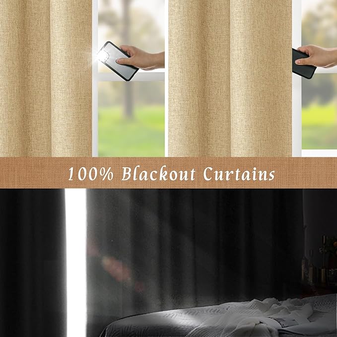 LAMIT Natural 100% Blackout Linen Curtains, 63 Inches Linen Textured Thermal Bedroom Curtains Back Tab and Rod Pocket Burlap Panels with White Liner for Farmhouse, 2 Panels, 52 x 63 Inch, Burlap