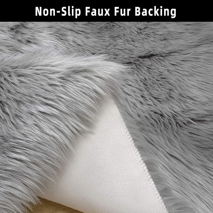 Grey Samll Faux Fur Sheepskin Area Rug for Living Room Bedroom, 2 x 3 Feet Ultra Soft Shaggy Fuzzy Furry Carpet Chair Throw Rugs for Kids, Girls, Nursery Room Decor Dorms