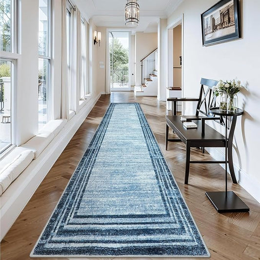 Lahome Abstract Runner Rug,2.5x12 Hallway Runner Non Slip Kitchen Runner Rug Non Skid Washable,Low-Pile Soft Blue Runners for Hallways 12 ft Minimalist Solid Indoor Carpet Runner for Entryway