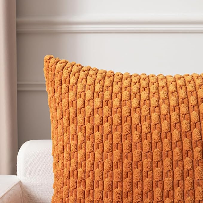 Kevin Textile Fall Throw Pillow Covers Soft Corduroy Decorative Set of 2 Boho Striped Pillow Covers Pillowcases Farmhouse Home Decor for Couch Bed Sofa Living Room 22x22 Inch Orange Yellow