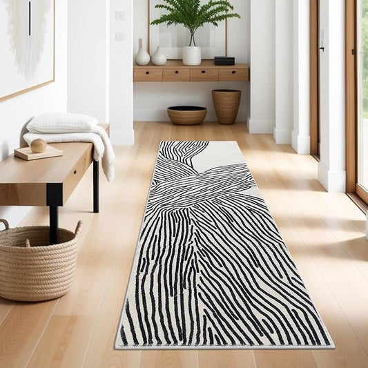 YIHOUSE Modern Hallway Runner Rug, 2x6 Runner Rugs, Black and White Rug Thin Non-Slip Washable Rugs, Soft Contemporary Striped Carpet for Entryway Indoor, Kitchen, Laundry, Bedroom