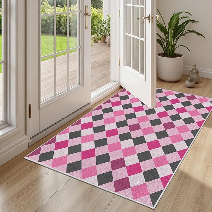 Diamond Checkered Rug 7x10, Soft Ultra Soft Faux Wool Abstract Geometric Rugs, Indoor Floor Mats Carpet, Non Slip&Non-Shedding Low Pile Washable Rugs, Modern Red Rug for Bedroom