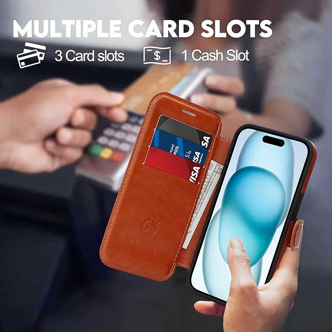 CIVICASE for iPhone 13 Pro Max Wallet Case with Stand,PU Leather Flip Credit Card Holder Slots (RFID Blocking),Compatible with Magsafe Magnetic Holder Phone Cover Women Men,Brown