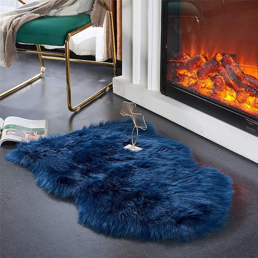 EasyJoy Ultra Soft Fluffy Shaggy Area Rug Faux Fur Rug Chair Cover Seat Pad Fuzzy Area Rug for Bedroom Floor Sofa Living Room (2 x 3 ft Sheepskin, Dark Blue)
