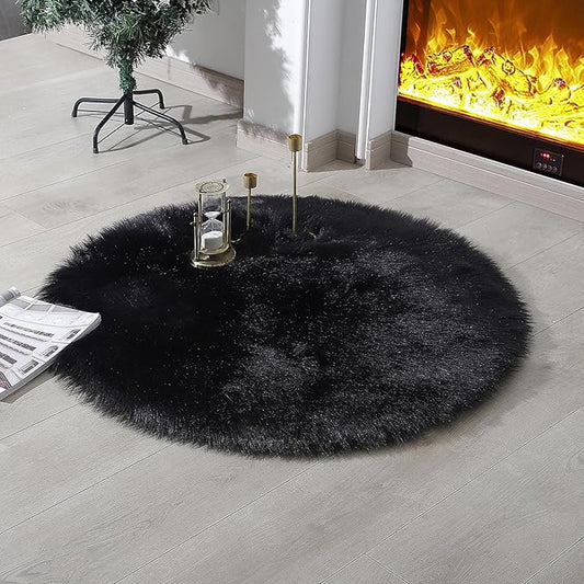 Faux Fur Rug Sheepskin Shag Fluffy Fuzzy Black 3x3 ft Rugs for Bedroom Bedside Bed Floor Living Room Plush Round High-Density Cushion Carpet Super Sofa Cover