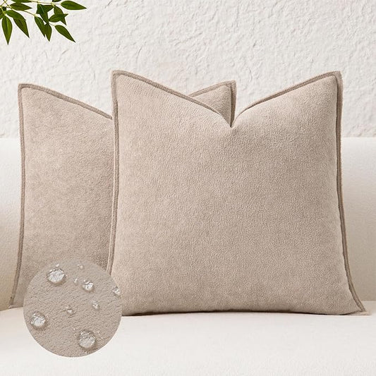 Kevin Textile Waterproof Decorative Pillow Covers Khaki 16x16 Inch Pack of 2 Soft Boucle Textured Throw Pillowcases Elegant Accent Pillows for Couch Sofa Chair Bed Home Decor Indoor Outdoor