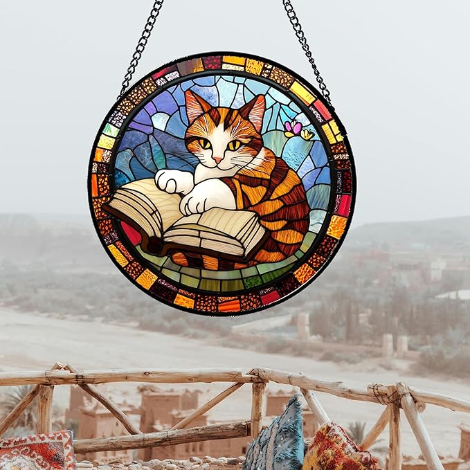 Stained Glass Window Hanging Little Cat Reading Large 15" - Suncatcher Door Garden Kitchen Sunroom Sun Catcher Home Decor Birthday for Lost Pets Mom Grandma Men Woman Friend