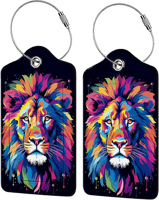 Rainbow Lion Head 2 Pack Luggage Tag for Suitcase, Leather Bag Tags Identifiers Privacy Cover ID Label with Steel Loop for Women Men Kids Girls Travel