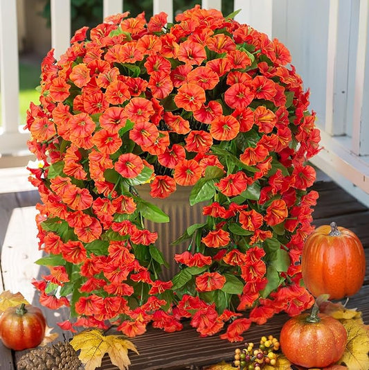 HyeFlora Artificial Fake Hanging Flowers Plants for Outdoor Outside, 2PCS Faux Silk Orange Morning Glory Trailing Vines UV Resistant Look Real for Home Planter Porch Patio