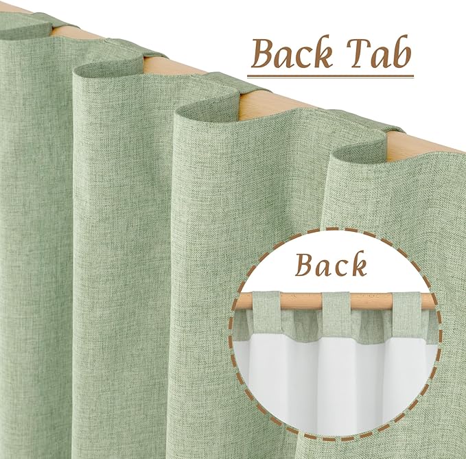 LAMIT Natural 100% Blackout Linen Curtains, 54 Inches Linen Textured Thermal Bedroom Curtains Back Tab and Rod Pocket Neutral Panels with White Liner for Farmhouse, 2 Panels, 42 x 54 Inch, Light Green