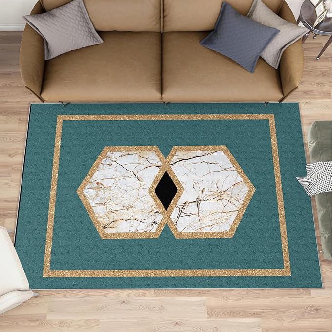 Jadeite Marble Area Rug Abstract Marble Texture Area Rugs for Living Room Light Luxury Stone Crack Carpet Gold Geometric Stripes Outdoor Carpet for Bedroom Living Room 6x8ft