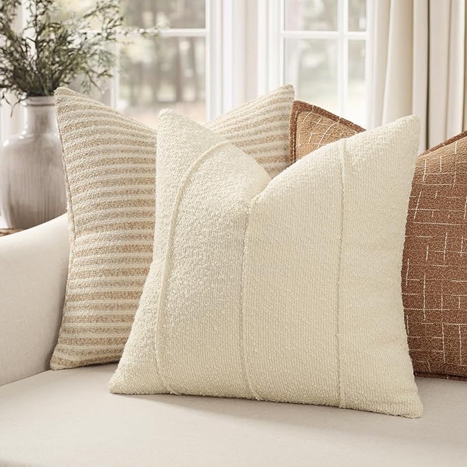YCOLL Textured Boucle Throw Pillow Covers 22x22 Pack of 2 - Soft Neutral Striped Cushion Covers, Cozy Accent Decorative Pillow Covers for Couch, Sofa, Bed, Living Room (Cream)