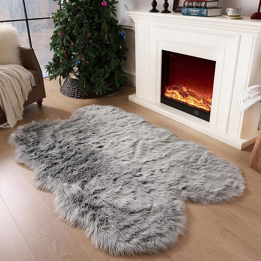 Fluffy Faux Fur Rug Grey Sheepskin Area Rug,4x6 Ft Ultra Soft Shaggy Plush Rug for Bedroom Bedside Living Room Nursery Kids Room