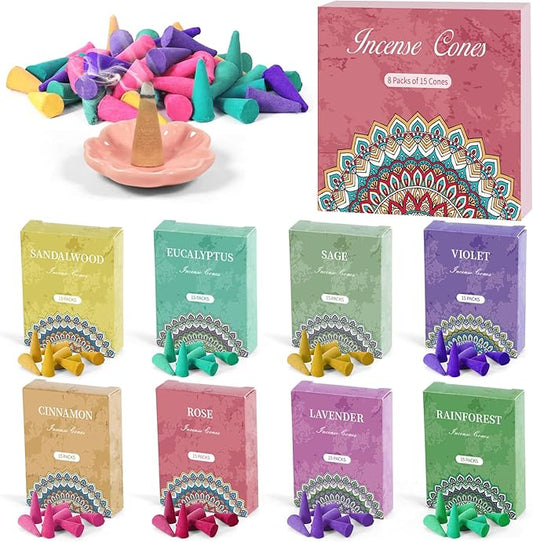 STRN Incense Cones Assorted Scented with Holder, 120 Cones Total Incense Variety Pack Gift Set, Rose, Sage, Lavender, Violet, Cinnamon, Eucalyptus, Sandalwood, Rain Forest