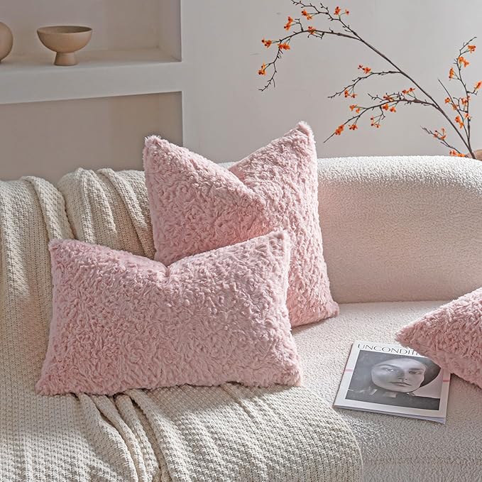 Neelvin Set of 2 Faux Fur Throw Pillow Covers 22x22 Inch Pink Cozy Soft Solid Decorative Pillowcases Thick Plush Sheepskin Cushion Case for Chair and Couch Sofa Bedroom