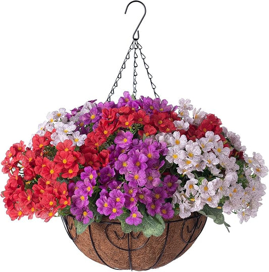 Artificial Flower in Hanging Basket Outdoor Indoor Decoration,Coconut Lining Flowerpot with Faux Plant,Daisy with Eucalyptus Leaves Arrangement for Home Spring Summer Decor(Red Purple White)
