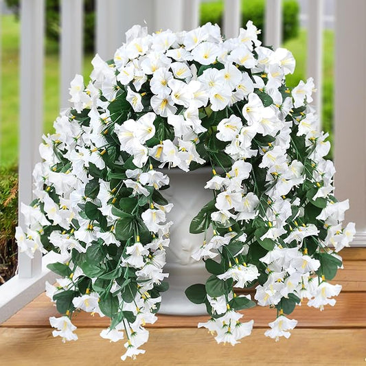 Sggvecsy Artificial Fake Hanging Flowers Plants for Outdoor Outside Spring Summer Decoration 4PCS Faux Silk UV Resistant Realistic Morning Glory Trailing Vines for Home Porch Patio Balcony(White)