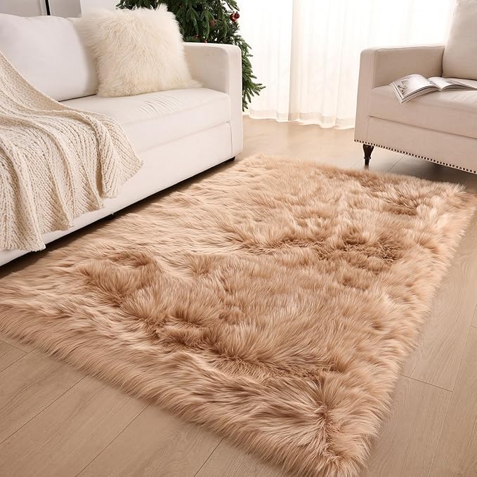 Fluffy Faux Fur Rug Brown Sheepskin Area Rug,2x4 Ft Ultra Soft Shaggy Plush Rug for Bedroom Bedside Living Room Nursery Kids Room