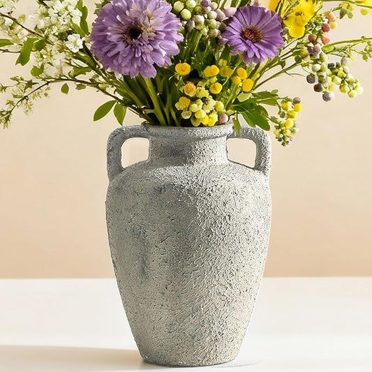 Rustic Vase for Flowers, Ceramic Vase with Handles, 8.85 inch Tall Vintage Farmhouse Christmas Terracotta Flower Vase for Home Decor, Wide Mouth, Living Room Shelf Decor, Enterway, Table