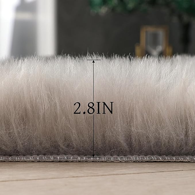 Faux Fur Rug Sheepskin Shag Fluffy Fuzzy Grey 2x3 ft Small Rugs for Bedroom Bedside Bed Floor Living Room Plush High-Density Cushion Carpet Super Sofa Cover