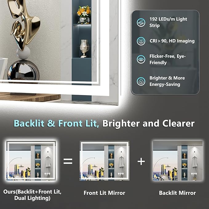 55x30 LED Bathroom Mirror with Lights, Backlit + Front Lit, Anti-Fog Lighted Vanity Mirror for Bathroom Wall with 3 Colors, Stepless Dimmable, Memory, Shatter-Proof, Tempered Glass, ETL Listed