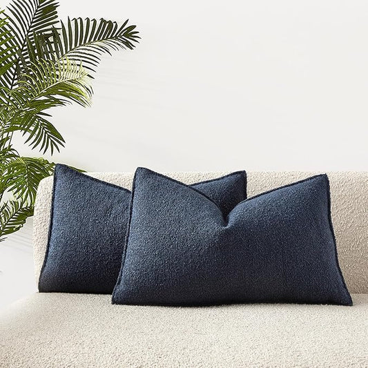 JUSPURBET 12x20 Pillow Covers Set of 2 Decorative Throw Pillow Covers Case for Couch Sofa Bed Soft Boucle Textured Lumbar Cushion Covers with Hidden Zipper for Home Decor Living Room,Navy Blue
