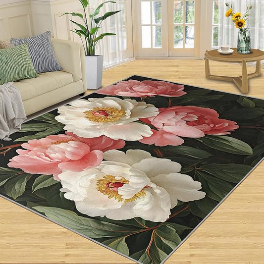 Rustic Flowers Washable Area Rug 6x9, Peony Soft Rugs for Living Room Petals Carpet Area Rugs for Bedroom Dining Room Non-Slip Stain Resistant Rug