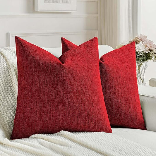 FUTEI Christmas Red Chenille Decorative Throw Pillow Covers 18x18 Inch Set of 2,Soft Cozy Faux Linen Textured Cushion Case,Farmhouse Home Decor for Couch Living Room
