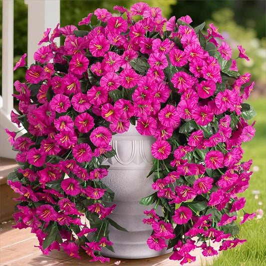 HyeFlora Artificial Fake Hanging Flowers Plants for Outdoor Outside Decoration, 2PCS Faux Silk UV Resistant Look Real Fuchsia Morning Glory Trailing Vines for Home Planter Porch Patio