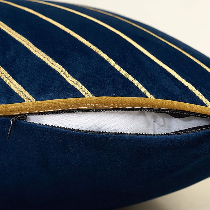 Avigers 18 x 18 Inch Navy Blue Gold Striped Geometric Lines Embroidery Velvet Cushion Case Luxury Modern Throw Pillow Cover Decorative Pillow for Couch Living Room Bedroom Car 45 x 45cm
