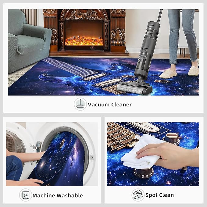 Guitar 4x5 Area Rugs for Living Room -Musical Instruments Washable Rug Starry Sky Non-Slip Carpet Indoor Floor Stain Resistant Thin Carpets for Bedroom Dining Room Home Office