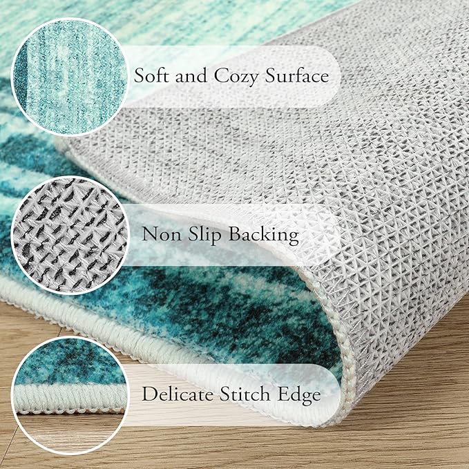 Lahome Modern Abstract Area Rug, Washable Teal 3x5 Kitchen Rugs Non Slip Large Entryway Rug Indoor, Low-Pile Soft Bathroom Mat Minimalist Throw Rug for Bedroom Living Room Stain Resistance
