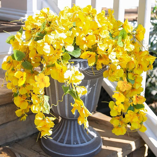 Fake Hibiscus Artificial Hanging Flowers Plants for Outdoors Spring Decoration, 4pcs Silk Hibiscus Vines Realistic UV Resistant Yellow Faux Flowers for Outside Planter Porch Patio Yard Wedding Party