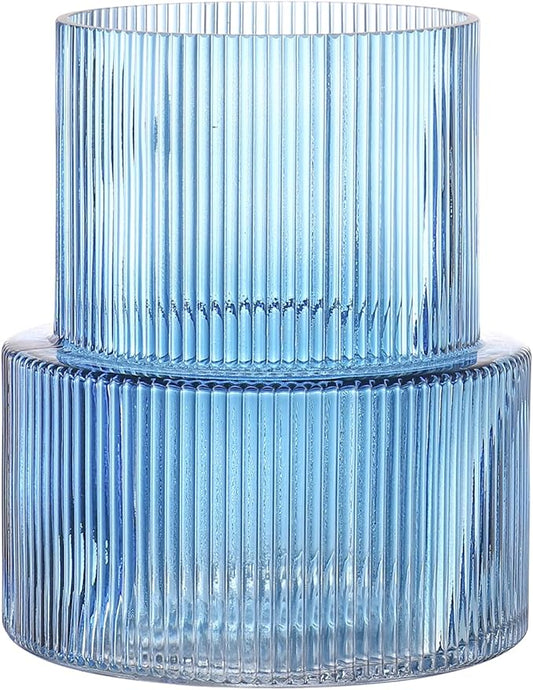 Blue Glass Vase, Ribbed Glass Vase for Tulips, Flower Vases for Bouquet, Blue Modern Vases for Living Room, Dining Table, Entryway, Mantle, Shelf, Wedding, Office, 7.5 Inches