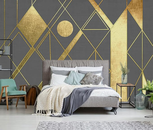 Geometric Mural Wallpaper Gray and Gold Wall Murals for Living Room or Office Decor（Not Peel and Stick）